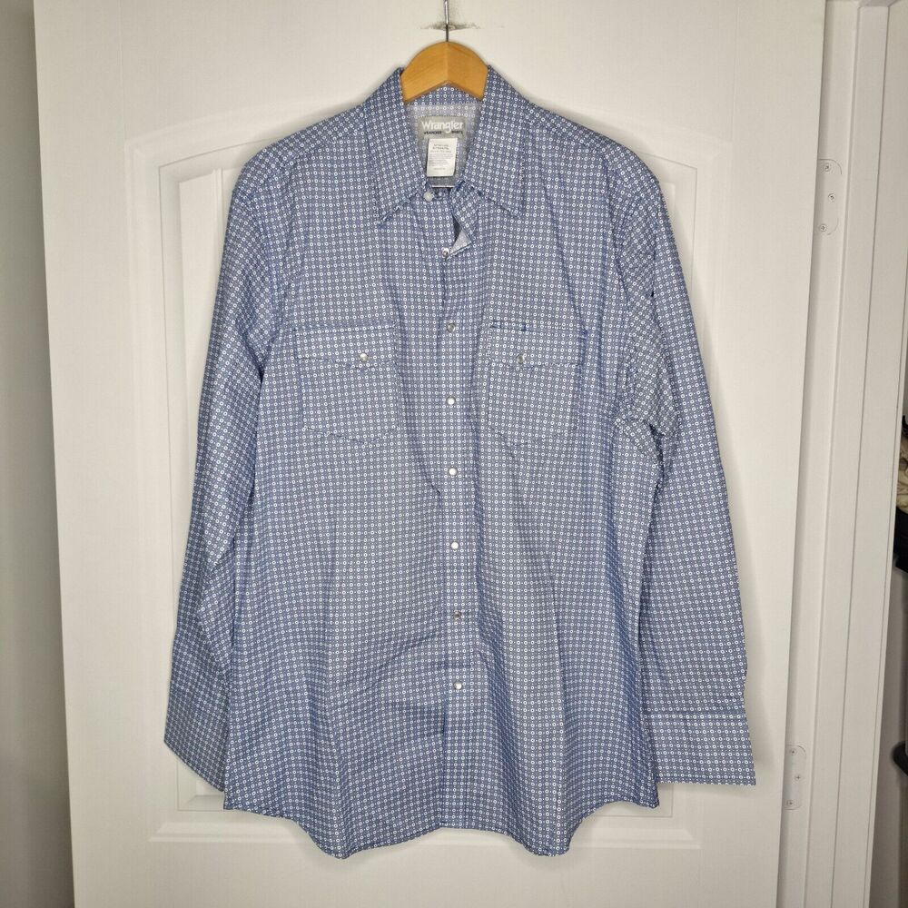 Wrangler Wrancher Shirt Mens XLT Blue White Geometric Pearl Snap Long Sleeve